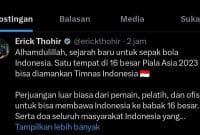 Gambar tangkapan layar postingan Twitter Erick Tohir