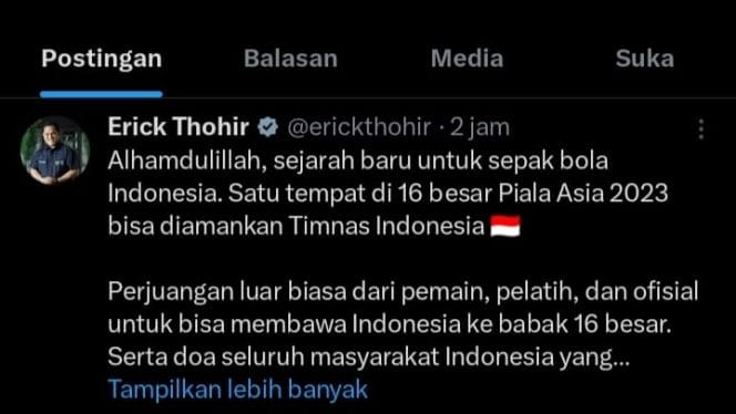 Gambar tangkapan layar postingan Twitter Erick Tohir