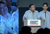 Prabowo saat menyampaikan Pidato Kemenangan di Istora Senayan (Kanan), Titiek Soeharto (Kiri) (Sumber: Tangkapan Layar Youtube @KompasTV)