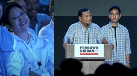Prabowo saat menyampaikan Pidato Kemenangan di Istora Senayan (Kanan), Titiek Soeharto (Kiri) (Sumber: Tangkapan Layar Youtube @KompasTV)