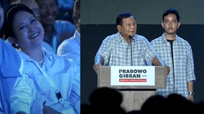 Prabowo saat menyampaikan Pidato Kemenangan di Istora Senayan (Kanan), Titiek Soeharto (Kiri) (Sumber: Tangkapan Layar Youtube @KompasTV)