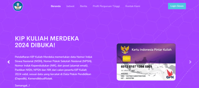 Laman Utama KIP Kuliah Merdeka (Sumber: Puslapdik Kemendikburistek)