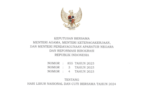 Tangkapan Layar SKB 3 Menteri tentang Hari Libur Nasional dan Cuti Bersama Tahun 2024