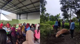 Foto Istimewa - Warga Desa Sumberarum, Kecamatan Songgon, Banyuwangi sedang menyembelih sapi, dan antri untuk menyelep daging. 
