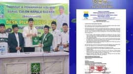 Ketua Umum PB PMII Muhammad Abdullah Syukri, saat mendaftarkan diri menjadi Calon Bupati Cirebon (kiri), dan Surat Pernyataan Sikap PMII UIN KHAS Jember (kanan), (Sumber: metrotvnews.com, Istimewa)