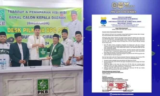 Ketua Umum PB PMII Muhammad Abdullah Syukri, saat mendaftarkan diri menjadi Calon Bupati Cirebon (kiri), dan Surat Pernyataan Sikap PMII UIN KHAS Jember (kanan), (Sumber: metrotvnews.com, Istimewa)