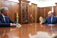 Ilustrasi gambar rapat Vyacheslav Volodin dan Vladimir Putin sumber media X akun Sony Thang 