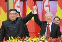 Ilustrasi gambar Kim Jong Un bersama Nguyen Phu Trong 