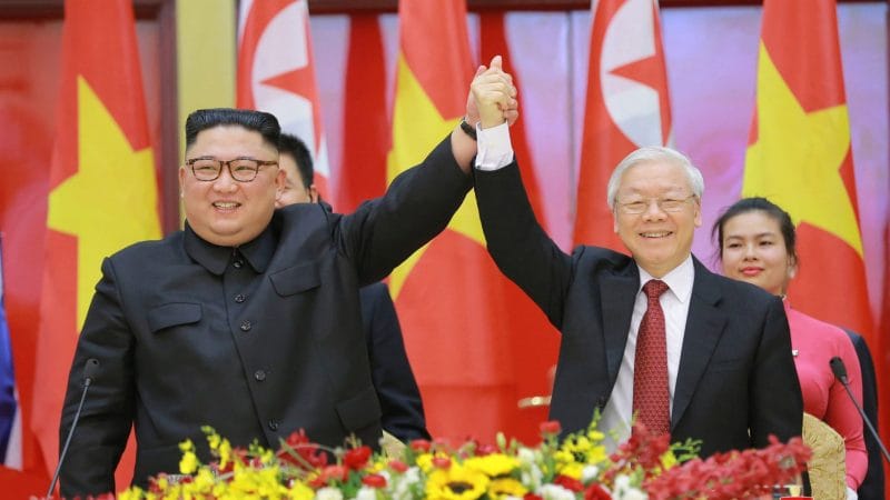 Ilustrasi gambar Kim Jong Un bersama Nguyen Phu Trong 
