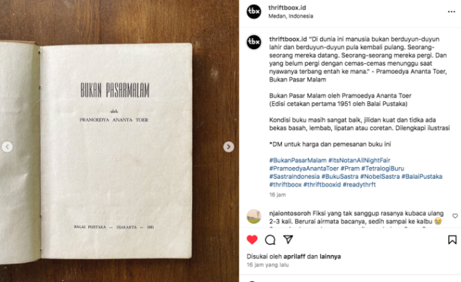 Cetakan pertama buku 'Bukan Pasar Malam' karya Pramoedya Ananta Toer - Instagram/Thriftboox.id