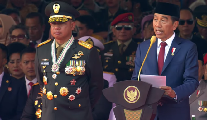 Presiden Jokowi saat menyampaikan Pidato HUT ke-79 TNI (Sumber: Biro, Media dan Informasi Sekretariat Presiden)