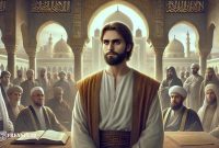 Ilustrasi Umar bin Abdul Aziz, dikelilingi oleh para ulama dan penasihat, yang melambangkan keadilan dan reformasi