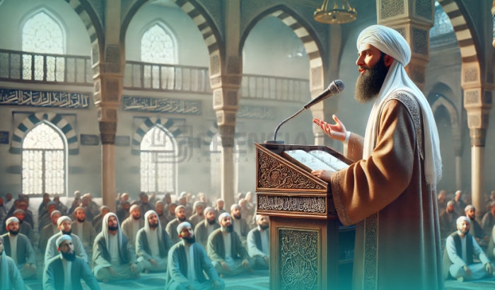 Ilustrasi Seorang Khatib sedang Berkhutbah Jumat (Sumber: Generated AI)