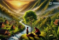 Ibu dan anaknya menanam pohon di tepi sungai, melambangkan tanggung jawab menjaga alam.