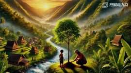 Ibu dan anaknya menanam pohon di tepi sungai, melambangkan tanggung jawab menjaga alam.