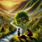 Ibu dan anaknya menanam pohon di tepi sungai, melambangkan tanggung jawab menjaga alam.
