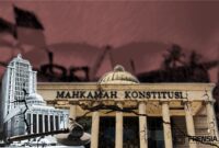 ilustrasi Gedung MK yang tampak retak, menggambarkan rapuhnya independensi lembaga penjaga konstitusi di tengah tekanan politik.