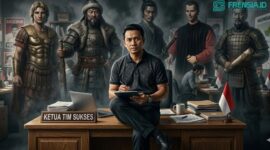 ilustrasi seorang ketua tim pilkades yang dibayang-bayangi oleh para ahli strategi dunia (Sumber: Ilustrasi AI)