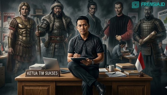 ilustrasi seorang ketua tim pilkades yang dibayang-bayangi oleh para ahli strategi dunia (Sumber: Ilustrasi AI)