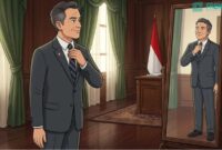 Ilustrasi seorang pejabat publik sedang meninjau dirinya sendiri di depan cermin sebelum bertemu masyarakat (Sumber: AI)