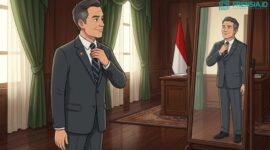 Ilustrasi seorang pejabat publik sedang meninjau dirinya sendiri di depan cermin sebelum bertemu masyarakat (Sumber: AI)