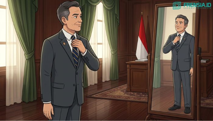 Ilustrasi seorang pejabat publik sedang meninjau dirinya sendiri di depan cermin sebelum bertemu masyarakat (Sumber: AI)