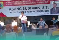Anggota DPRD Kabupaten Jember, Agung Budiman, saat sambutan di acara reses di Kecamatan Rambipuji, Jember (Foto: Istimewa). 
