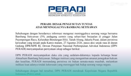 Surat pernyataan sikap PERADI terkait kematian penjual cermin di Pejompongan, Jakarta (Foto: Tangkapan layar dari website Peradi.id).