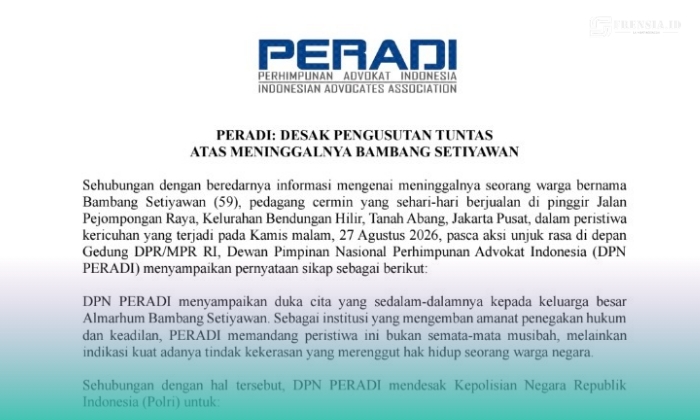 Surat pernyataan sikap PERADI terkait kematian penjual cermin di Pejompongan, Jakarta (Foto: Tangkapan layar dari website Peradi.id). 