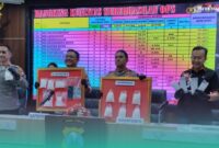 Polres Jember saat bersama Kasatresnarkoba (paling kanan) menunjukkan barang bukti kasus narkoba, di Aula Rupatama Polres Jember (Foto: Fadli/Frensia). 