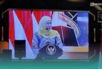 Gubernur Jawa Timur, Khofifah Indar Parawansa, saat sambutan acara Hari Ulang Tahun (HUT) Ketik.com ke-4, di Mercure Surabaya Grand Mirama Hotel, pada Rabu (9/9/2026). (Foto: Fadli/Frensia). 