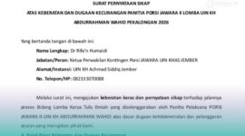 Salinan surat pernyataan sikap keberatan dan dugaan kecurangan panitia PORSI JAWARA II 2026 di UIN Gus Dur, Pekalongan, Jawa Tengah (Foto: Humas UIN KHAS). 