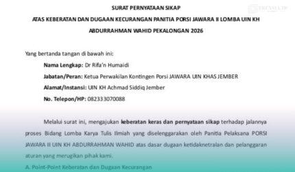 Salinan surat pernyataan sikap keberatan dan dugaan kecurangan panitia PORSI JAWARA II 2026 di UIN Gus Dur, Pekalongan, Jawa Tengah (Foto: Humas UIN KHAS).