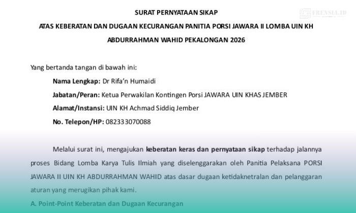 Salinan surat pernyataan sikap keberatan dan dugaan kecurangan panitia PORSI JAWARA II 2026 di UIN Gus Dur, Pekalongan, Jawa Tengah (Foto: Humas UIN KHAS). 