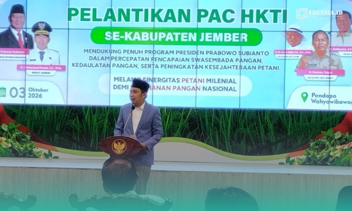 Bupati Jember, Muhammad Fawait, saat sambutan di acara pelantikan Pimpinan Anak Cabang (PAC) Himpunan Kerukunan Tani Indonesia (HKTI) se-Kabupaten Jember. (Foto: Fadli/Frensia). 
