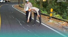 Petugas Satlantas Polres Jember saat mengecek kondisi jalan  raya jalur Jember-Banyuwangi yang retak. (Foto: Istimewa). 