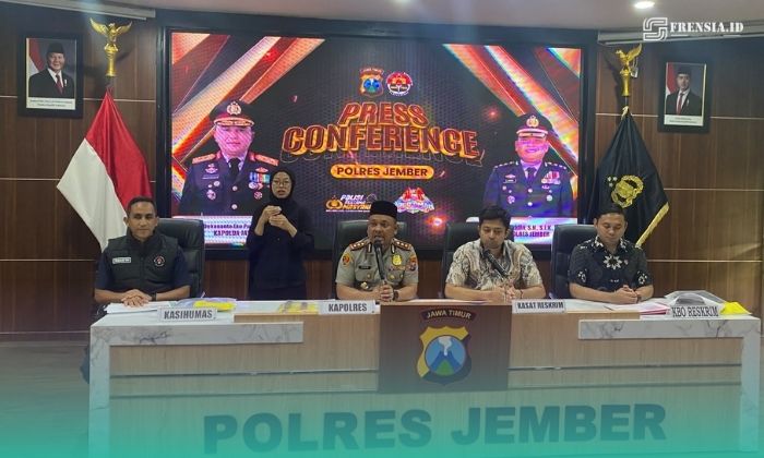 Polres Jember saat menggelar press release terkait kasus perampokan di Toko Emas Murni, Jalan Sultan Agung, Kelurahan Kepatihan, Kecamatan Kaliwates, Jember, di Aula Rupatama. (Foto: Sigit/Frensia). 